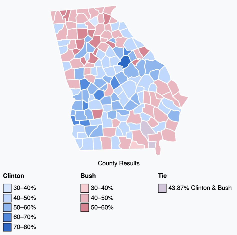 Similar story in 1992 when Bill Clinton carried GA. Look at how red the ATL suburbs were. Gwinnett County voted for GHW Bush by 25 points. Cobb County voted for GHW Bush by 20 points.