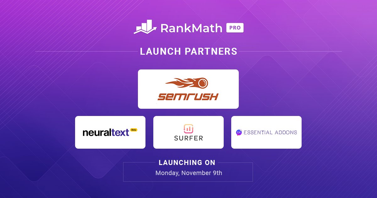rankmathseo's tweet photo. ️‍🔥 We're thrilled to announce the final 4 companies that are a part of the launch happening this Monday &amp; are thankful to every launch partner that has joined us in bringing exclusive deals to our users. @semrush @NeuralTextHQ @surfer_seo &amp; @EssentialAddons  🙏
#rankmathpro https://t.co/H9CYeH0qSJ