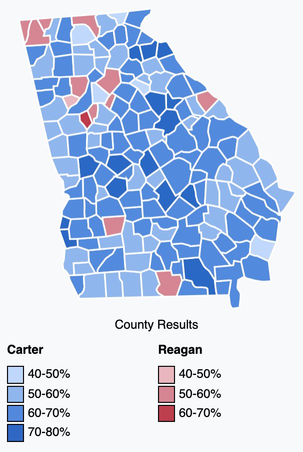 Check out the 1980 election map. Carter held on to win Georgia v. Reagan. But look at those red counties outside Atlanta. Cobb, Gwinnett, Rockdale, Clayton!, Fayette, Douglas were some of the only counties to vote for Reagan over Carter.