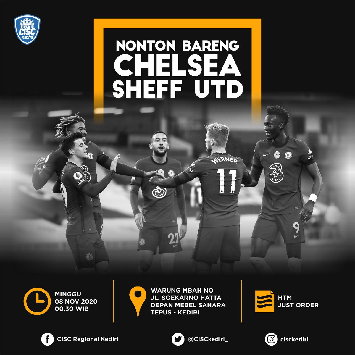 #NobarDay 
🏆 Premier League
⚽ Chelsea v Sheffield United
📅 Sabtu, 7 November 2020
🏡 Warung Mbah No
🕧 00.30 WIB
💰 Just Order
#Birukan
