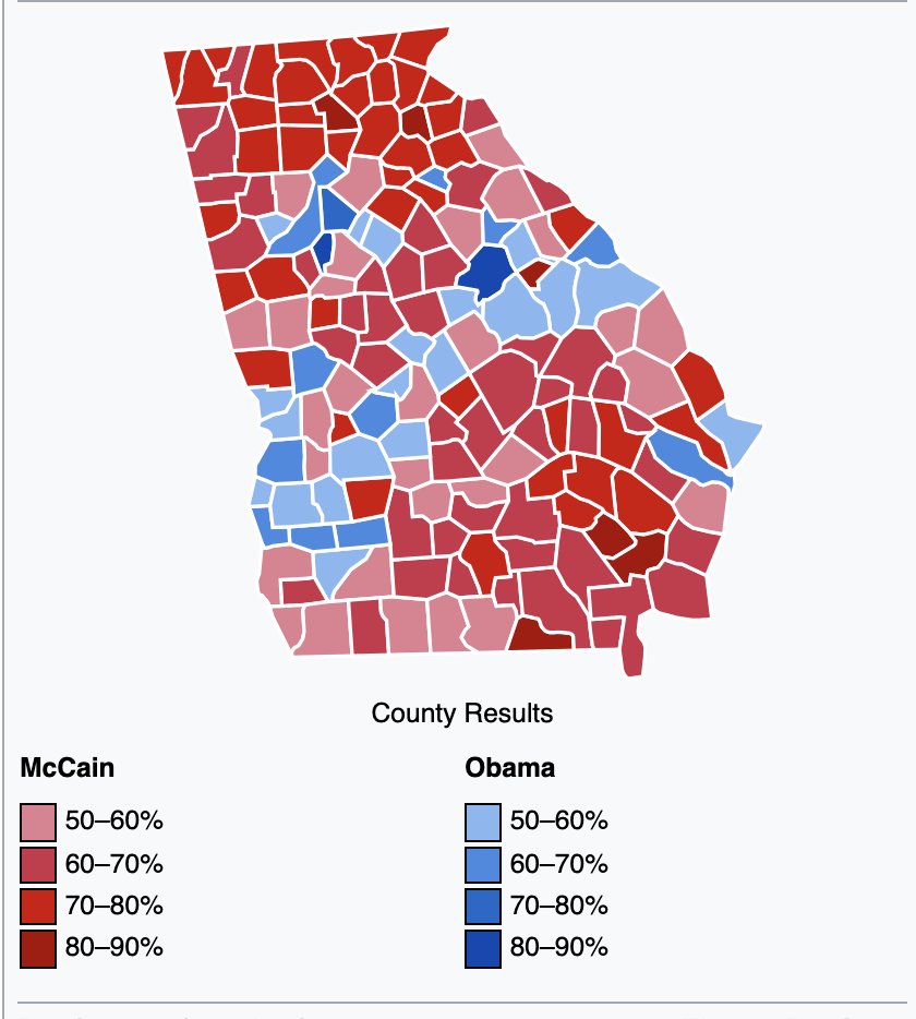 Dems still held on to residual strength in rural white-majority Middle Georgia counties in 1992. That area shifted red in 2000 and kept going red. Rural North GA counties went WAY red. Exurban counties stayed very red through 2004. But then the divergence started around 2008.