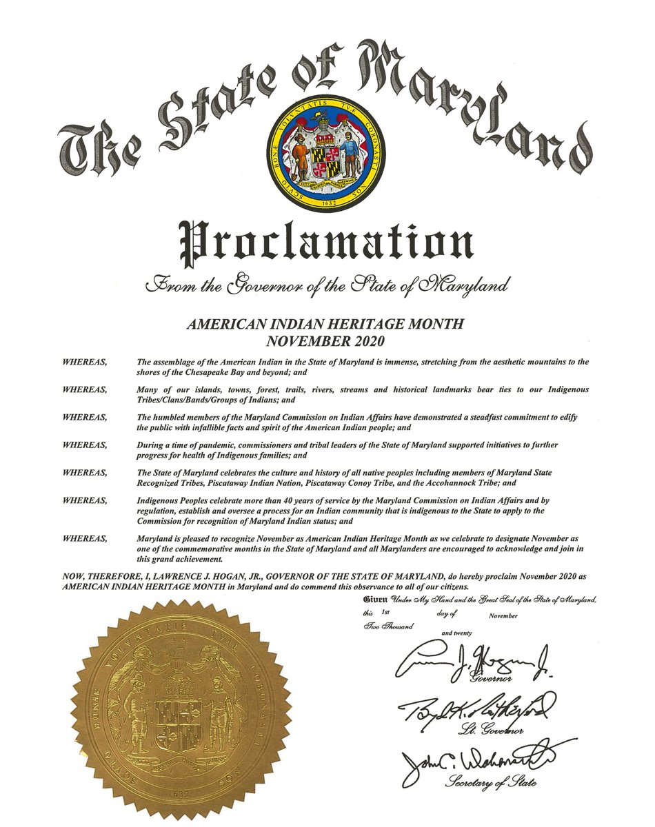 GovLarryHogan's tweet photo. As we celebrate the contributions of American Indian and indigenous people and tribal communities to our great state, I was proud to issue a proclamation recognizing American Indian Heritage Month in Maryland. https://t.co/8xjPgggTag