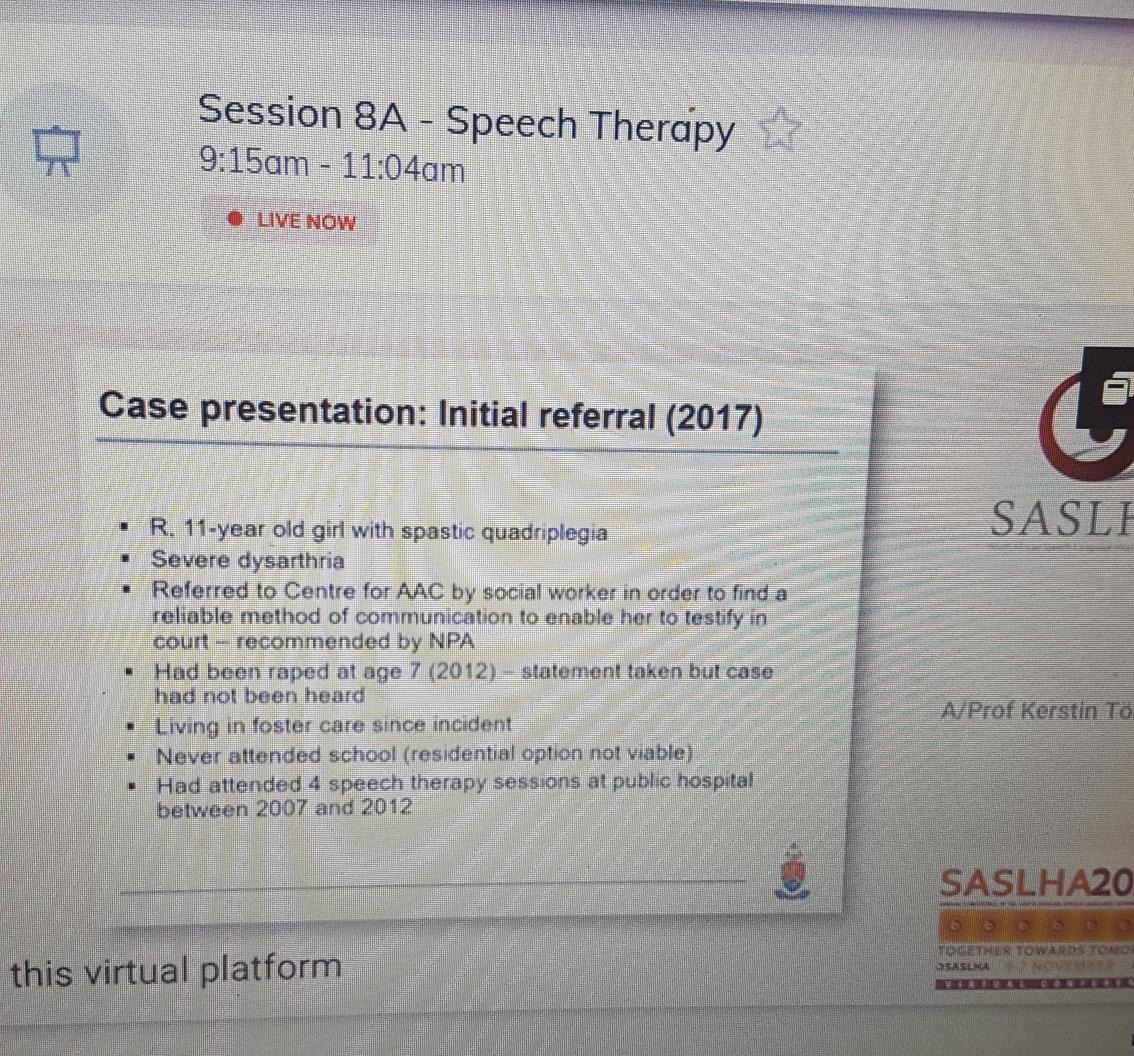 SLT_GH's tweet photo. A presentation on how a witness used AAC in court to testify how she was raped at age 7. Such an important presentation highlighting the power of AAC and speech therapy! Thanks, Prof. Tonsing!@ASHAWeb #saslha #asha https://t.co/XIVNYTpPWK