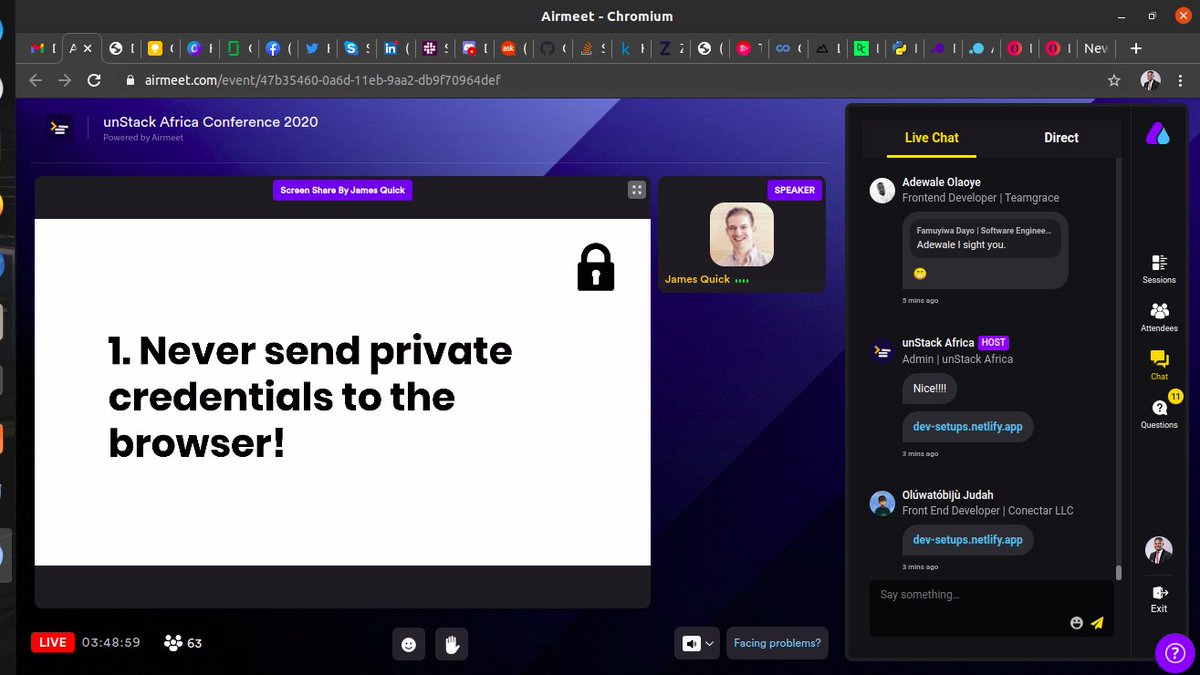 maazi_obasi's tweet photo. Security is a big deal. And @jamesqquick is giving us security measures @unStackAfrica #unStackConf2020 #unstackcon2020 https://t.co/dkmenpkGs6