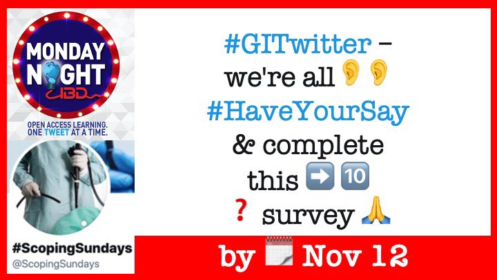 Aline Charabaty, MD, FACG, AGAF (@dcharabaty) on Twitter photo 📣 #GITwitter friends !
⏰ Time to make 🗳 fun, positive & constructive
📣 Help us assess the #MedEd work of <a href="/MondayNightIBD/">#MondayNightIBD</a> & <a href="/ScopingSundays/">#ScopingSundays</a> & other virtual learning !
✅ Do you give it 👍🏽 or 👎🏽
✅ Is it 😎 or🤮
📣 Pls take👇🏽quick survey & RT!
surveymonkey.com/r/7N3FRDW 📣 #GITwitter friends !
⏰ Time to make 🗳 fun, positive & constructive
📣 Help us assess the #MedEd work of <a href="/MondayNightIBD/">#MondayNightIBD</a> & <a href="/ScopingSundays/">#ScopingSundays</a> & other virtual learning !
✅ Do you give it 👍🏽 or 👎🏽
✅ Is it 😎 or🤮
📣 Pls take👇🏽quick survey & RT!
surveymonkey.com/r/7N3FRDW