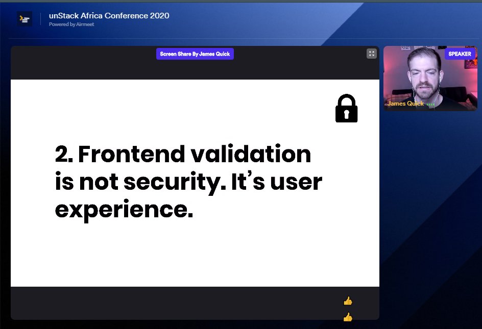abiodundev's tweet photo. it's @jamesqquick speaking currently about user validation and verification and some best practices involve in it which is one of the most important aspects when building apps.
@unStackAfrica #unStackConf2020 #unstackcon2020 https://t.co/RckP5N1zFH