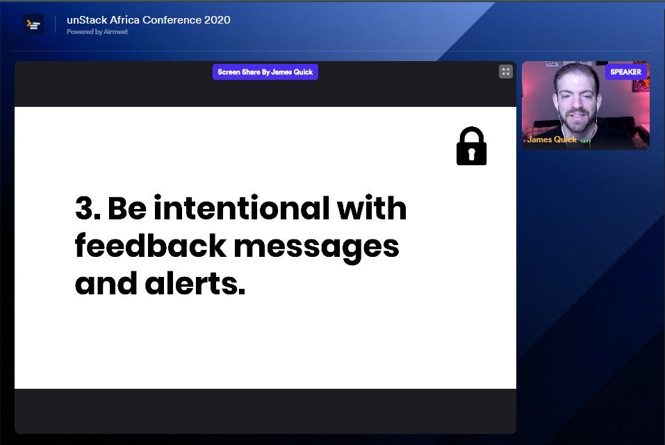 abiodundev's tweet photo. it's @jamesqquick speaking currently about user validation and verification and some best practices involve in it which is one of the most important aspects when building apps.
@unStackAfrica #unStackConf2020 #unstackcon2020 https://t.co/RckP5N1zFH