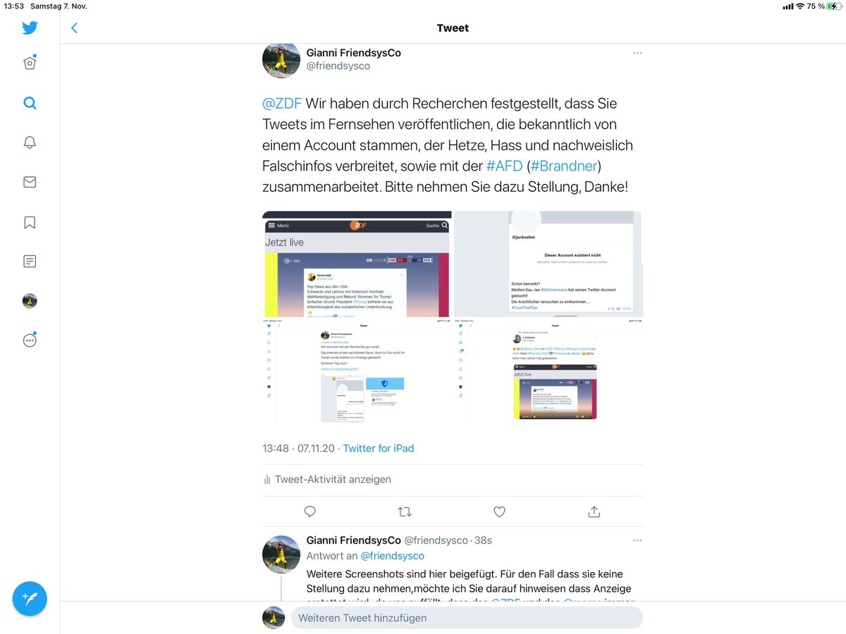 GFriendsysco's tweet photo. @Hartes_Geld Hallo, Jetzt schreiten wir zur Tat!

Das ZDF unterstützt nachweislich Tweets eines nachweislich zu Hass und Hetze aufstachelnden Accounts. Wir werden dagegen nun vorgehen. Das Internet ist kein rechtsfreier Raum. Schönen Tag noch.
@morgenmagazin @ZDF #ZDF
https://t.co/W4LiuxtVfx https://t.co/gp8Y3d1rRi