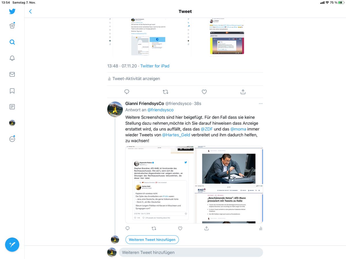 GFriendsysco's tweet photo. @Hartes_Geld Hallo, Jetzt schreiten wir zur Tat!

Das ZDF unterstützt nachweislich Tweets eines nachweislich zu Hass und Hetze aufstachelnden Accounts. Wir werden dagegen nun vorgehen. Das Internet ist kein rechtsfreier Raum. Schönen Tag noch.
@morgenmagazin @ZDF #ZDF
https://t.co/W4LiuxtVfx https://t.co/gp8Y3d1rRi