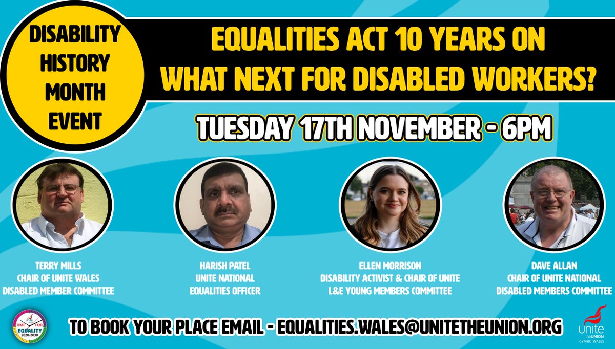 UniteWales's tweet photo. In the lead up to #DisabilityHistoryMonth, our fantastic Disabled Members Committee are holding a very special zoom event to mark the occasion.

Join us on Tuesday 17th of November for a discussion on the Equalities Act &amp; what's next for disabled workers. 

Details below ⬇️ https://t.co/wwcXeA1uwl