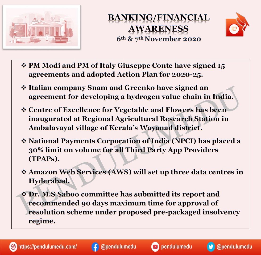 pendulumedu's tweet photo. Daily Banking Awareness - 6 and 7 November 2020
Read in detail Here - https://t.co/l7afZ6leQU
#Bankingawareness #financialawareness #economicawareness #Modi #conte #snam #greenko #CentreOfExcellence #vegetableandflowers #wayanad #NPCI #AWS #mssahoo https://t.co/FTDjYhkckC
