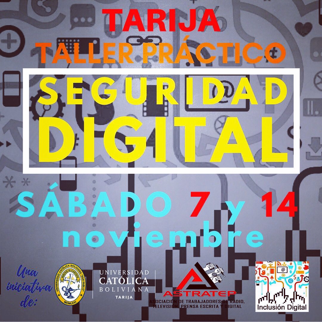 InclusionTICs's tweet photo. Hoy 7y14 noviembre, 80 participantes, principalmente #periodistas, además de #docentes #universitarios de #comunicación #periodismo nos acompañarán en un taller de "#Seguridaddigital con enfoque de trabajo #periodístico y de #prensa". #ciberseguridad #tarija #tarijabolivia https://t.co/by35lYxSXV