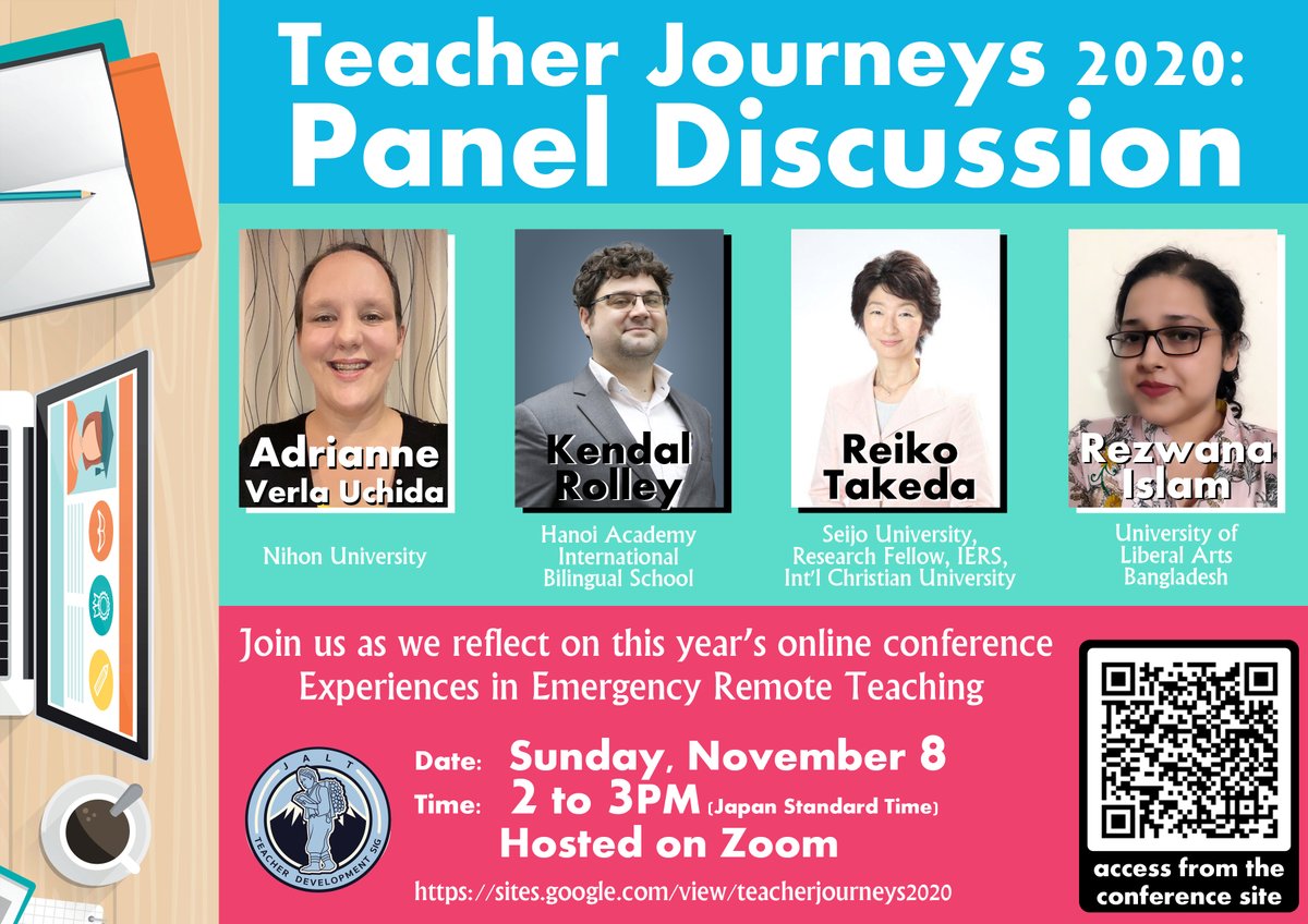 JALT_TD_SIG's tweet photo. Join us as we reflect on 'Teacher Journeys 2020: Experiences in Emergency Remote Teaching' with a panel of presenters from this year's conference.

Date: TOMORROW, Nov 8th
Time: 2-3pm (Japan) on Zoom
More info at - https://t.co/p2oHyIUtCO
@JALTConference, @JALT_PanSIG, @JALT_HQ https://t.co/ay7eyE09jD