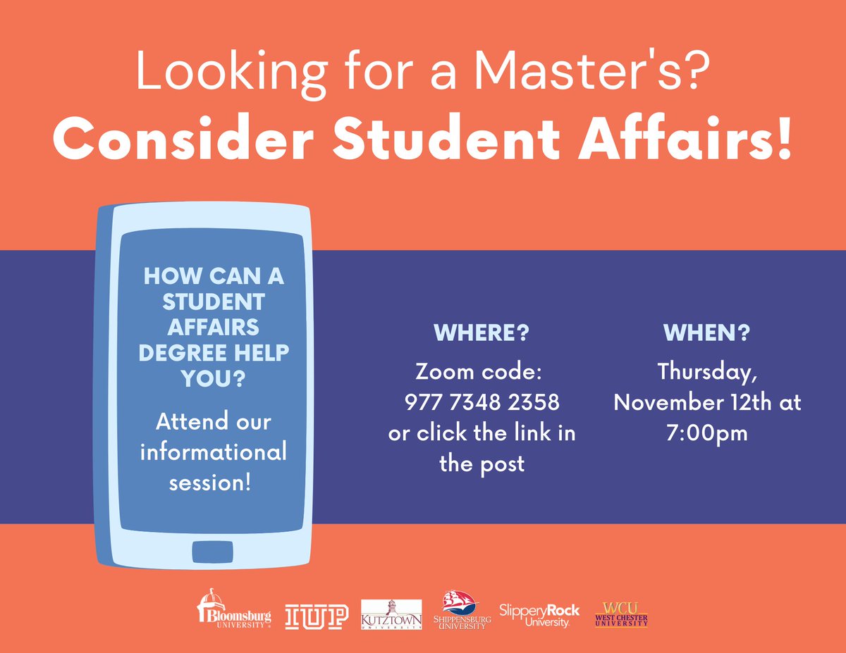 bloomuorient's tweet photo. Careers in Student Affairs! This is a collaborative session between the six PASSHE universities with CSA and CSA related programs (Bloomsburg, IUP, Kutztown, Shippensburg, Slippery Rock, and West Chester). Thursday, November 12th at 7 pm. Zoom Meeting ID: 977 7348 2358. https://t.co/qBTOlzLoba