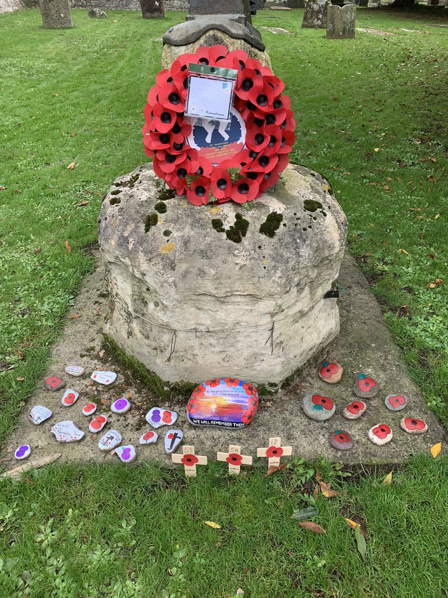 frjrconnell's tweet photo. Lovely painted pebbles at War Memorial in St Mary’s Churchyard. We may not be gathering for Service of Remembrance this year but clearly our local children are ‘remembering’. Thank you Sian &amp; Marshfield Brownies &amp; Guides. #WeWillRememberThem @MonmouthDCO @ChurchinWales https://t.co/xiZPme6z2q