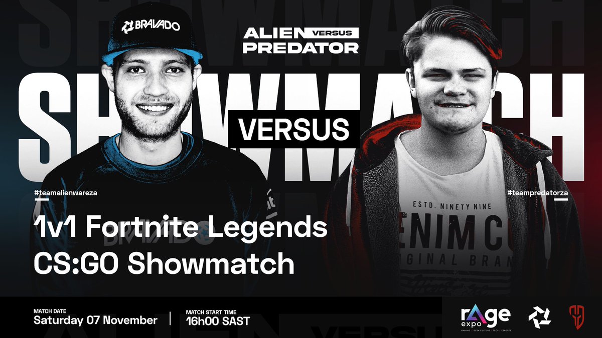 bravadogaming's tweet photo. In the first show-match of the #alienvspredatorza series will see #fortniteza legends go heads up: @lilzozu (#bvdgaming) vs @Travis_ZA (@GoliathGamingZA) 

- Our POV at 16h00: https://t.co/a6UCsaWhrG. 
- Info and Streams: https://t.co/csI7MNJLAX

#teamalienwareza 
#rageexpo2020 https://t.co/wc5clxxyZp
