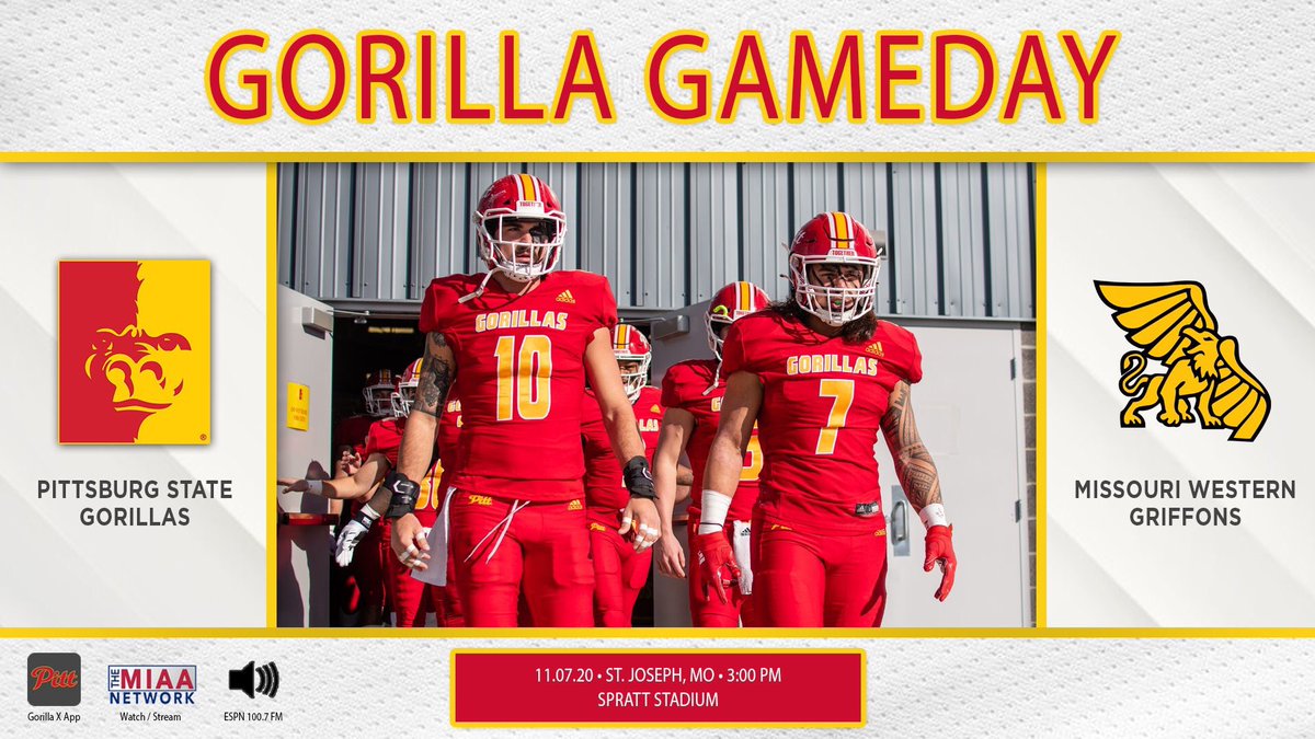 Game two.

🦍 🆚 Griffons
⏰ 3:00 p.m.
📍 St. Joseph, MO
🖥 themiaanetwork.com/pittstategoril…
📻 ESPN 100.7 FM
📊 Gorilla X app

#GorillaNation | #OAGAAG | #RYFP
