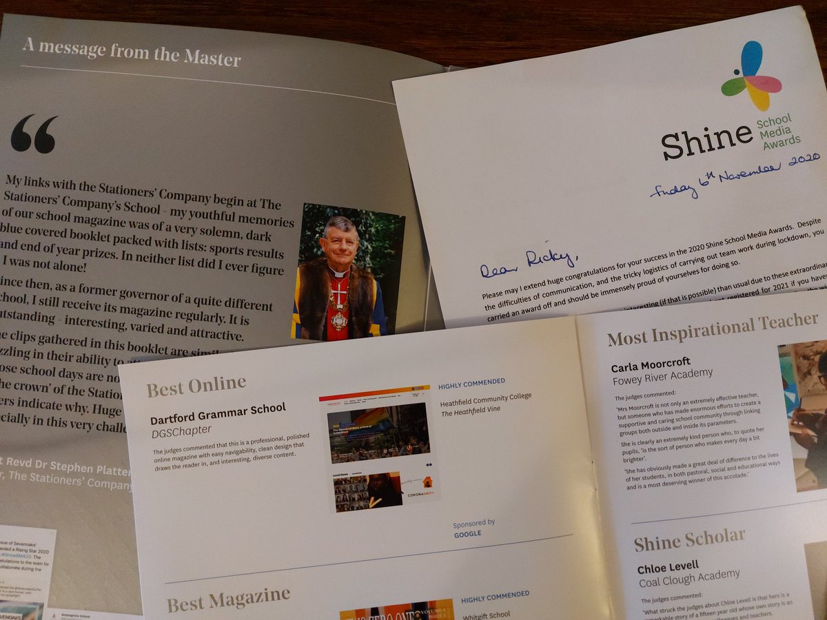 TaingR_'s tweet photo. Very exciting as always to read the beautiful Shine Winners book! Well done again to our fantastic @dgsjournalism team, and the other winners 💫📰 @shinemediawards @DGSEnglishDept https://t.co/p7rAOtsBCH
