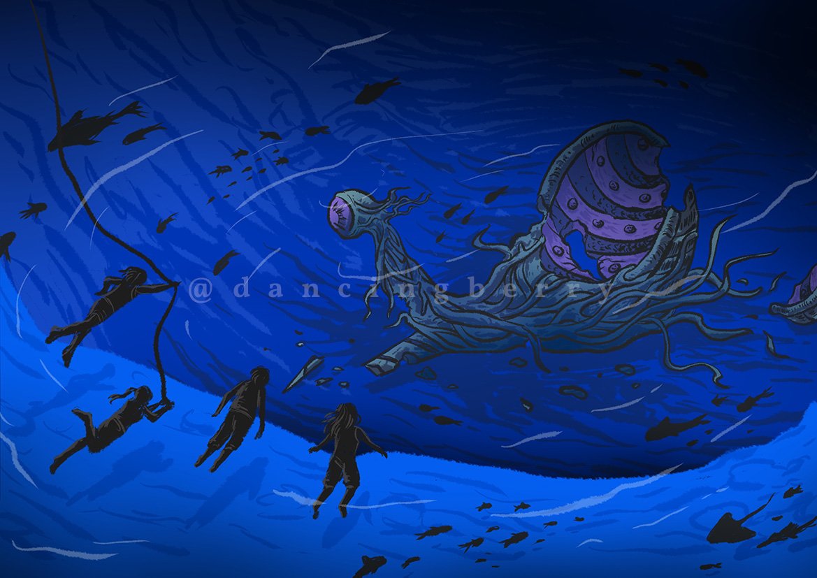 An underwater scenery. Four people with one of them holding a rope is diving towards the bottom of the ocean. A derelict