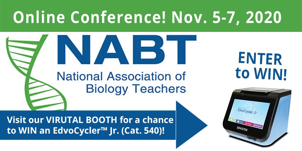 edvotek's tweet photo. If you're at #nabt2020 today, stop by the #Edvotek booth and learn about our EdvoCycler Jr giveaway! https://t.co/9gXl2OBRO9