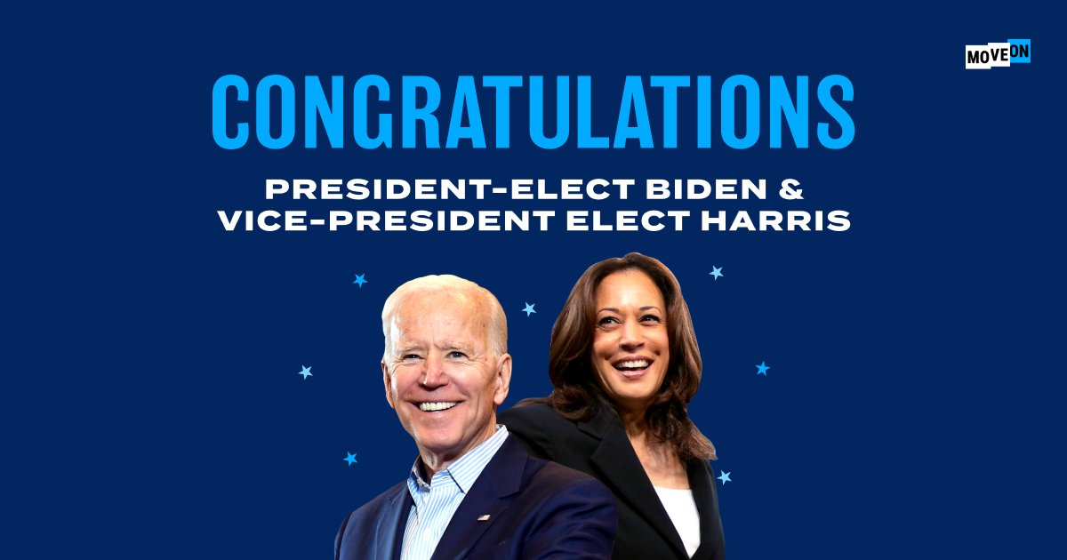 MoveOn's tweet photo. We congratulate President-elect @JoeBiden and Vice President-elect @KamalaHarris on their historic victory! #BidenHarris2020 https://t.co/tVPKEBxbLO
