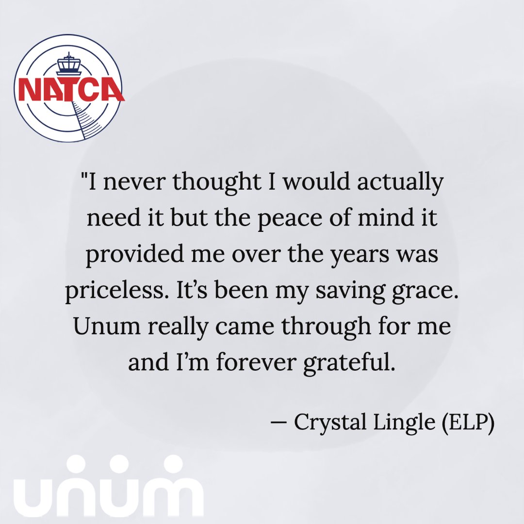 NATCA's tweet photo. The NATCA group long-term disability (LTD) program from Unum is the insurance that provides protection and peace of mind in the event you lose your medical or are disabled. El Paso ATCT (ELP) member Crystal Lingle encourages all NATCA members to sign up: https://t.co/s4AikbWPBb https://t.co/l3Fz5d7HI5