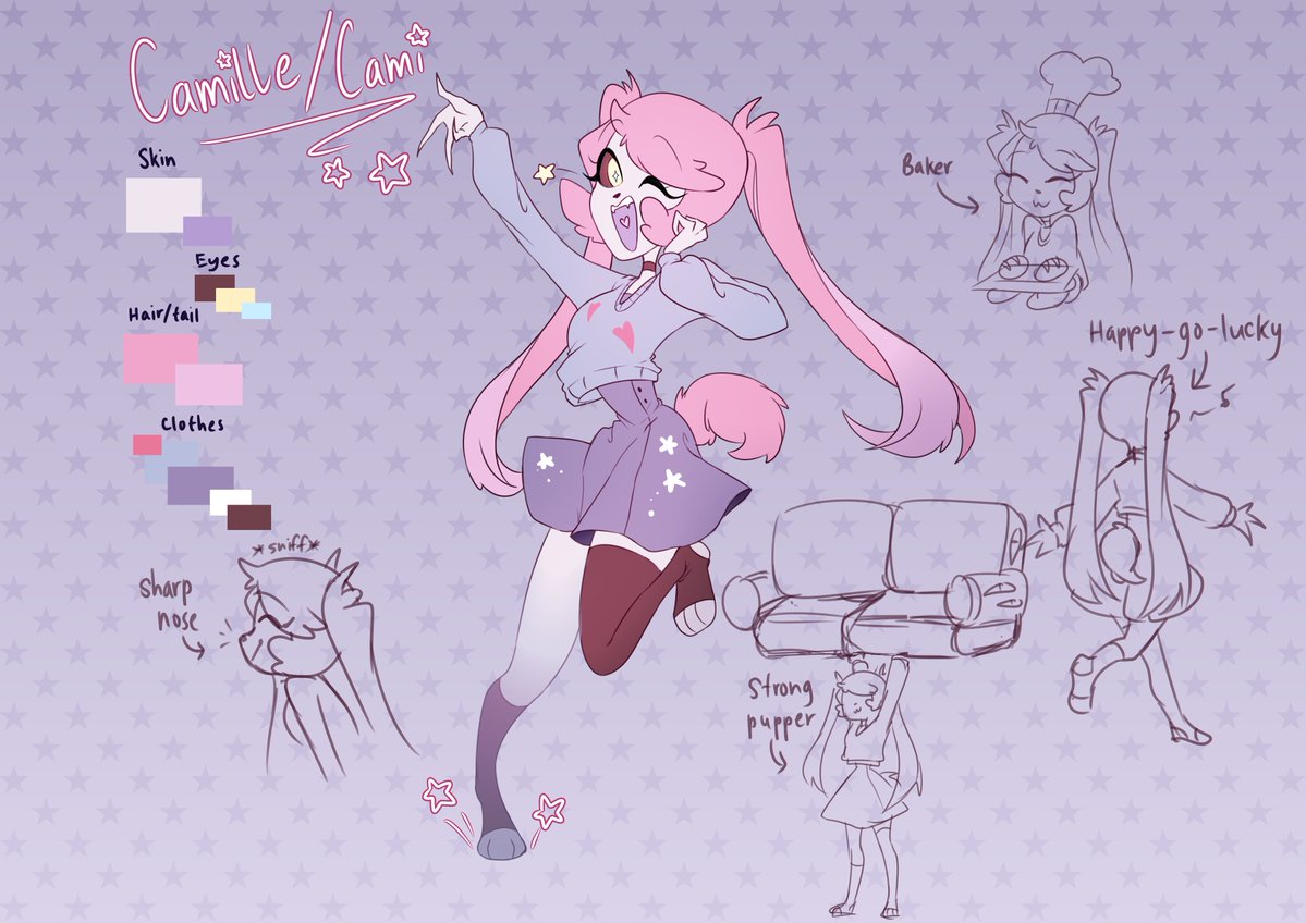 Looking at other people's ocs has gotten me making one :'D
Camille/Cami! She's a pink samoyed demon working as a baker. She strongly believes in the phrase "Laughter is the best medicine." 
#HazbinHotelOC #HazbinHotel