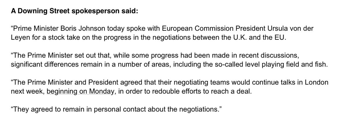 Les converses per a un acord comercial del Brexit continuaran la setmana que ve després de la trucada d’avui entre el primer ministre del Regne Unit i la presidenta de la Comissió Europea. Es mantenen les diferències en els temes clau d’alineament de normatives i pesca.