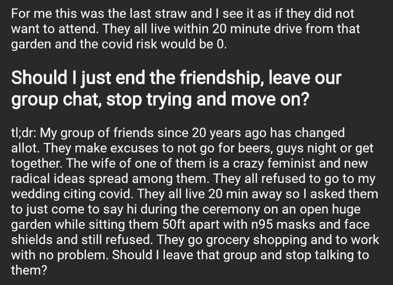 redditships's tweet image. My [40M] Long time group of friends[40M] did not attend my wedding during covid and more, should I stop talking to them?