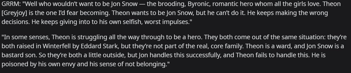 jonarya_'s tweet photo. GRRM made a comparison between Jon and Theon in 2017. He explained that the two characters were alike, but both sides made different choices. It's kind of Theon is Jon's tinfoil.
#ASOIAF #GameOfThrones #JonSnow #AryaStark #Jonrya #JonArya https://t.co/AuKiZu31aQ