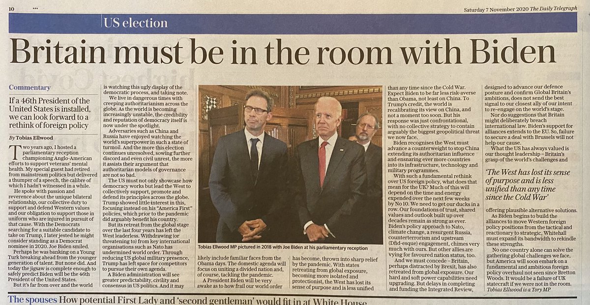 A BIDEN ADMINISTRATION :

How the UK can participate in the expected overhaul of US foreign policy and regroup of Western resolve.

My thoughts in the Telegraph today: