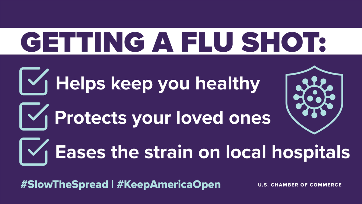 USChamber's tweet photo. It’s more important than ever to get a #FluShot this year. Help keep you and your loved ones healthy and ease the burden on our already strained hospital system #SlowTheSpread #KeepAmericaOpen https://t.co/BExGptvLPM
