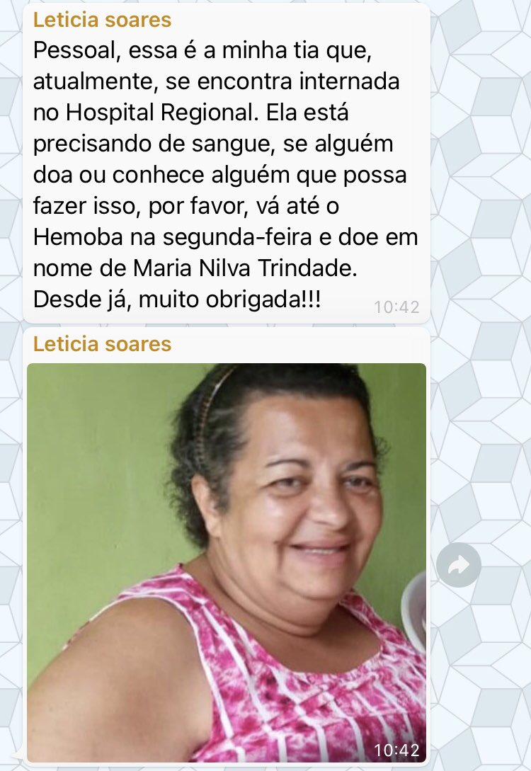 Ei, você que tem tipo sanguíneo (A+) ou (A-) ou (O+) ou (O-). Nos ajude nessa causa!! Doe sangue para Maria Nilva Trindade, do tipo sanguíneo (A+) lá no hemoba!! ❤️🙏🏻
