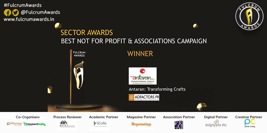 FulcrumAwards's tweet photo. Best Not-for-Profit andAssociations Campaign winner is  Antaran, Transforming Crafts by @tatatrusts  with @AdfactorsPR https://t.co/kGt51LypGL