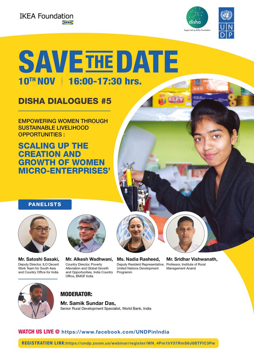 UNDP_India's tweet photo. What is the relevance of micro-enterprise in building forward better? 

Join us for our 5th #DishaDialogue w/

▶️ @NadiaRashd, @UNDP 🇮🇳
▶️ Satoshi Sasaki, @ILONewDelhi 
▶️ Alkesh Wadhwani, @BMGFIndia 
▶️ @ssdas21, @WorldBankIndia 

to discuss ⬆️ of women micro enterprises. https://t.co/T6LqQfnzzd