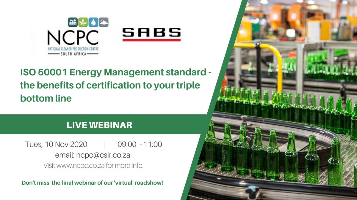 NCPC_SA's tweet photo. Join our final webinar on ISO50001 Energy Management Standard on Tues, 10 Nov 2020.  

https://t.co/grRsJGFxlH

#lowcarbon #energyefficiency #RECP #PDCA

@SABSApproved @CSIR  @sanedi_org  @thegreencape @GreenEnergyNews @lme_za @SManufacturing @CGCSA1 @ProudlySA @productivitysa https://t.co/59mmapGP50