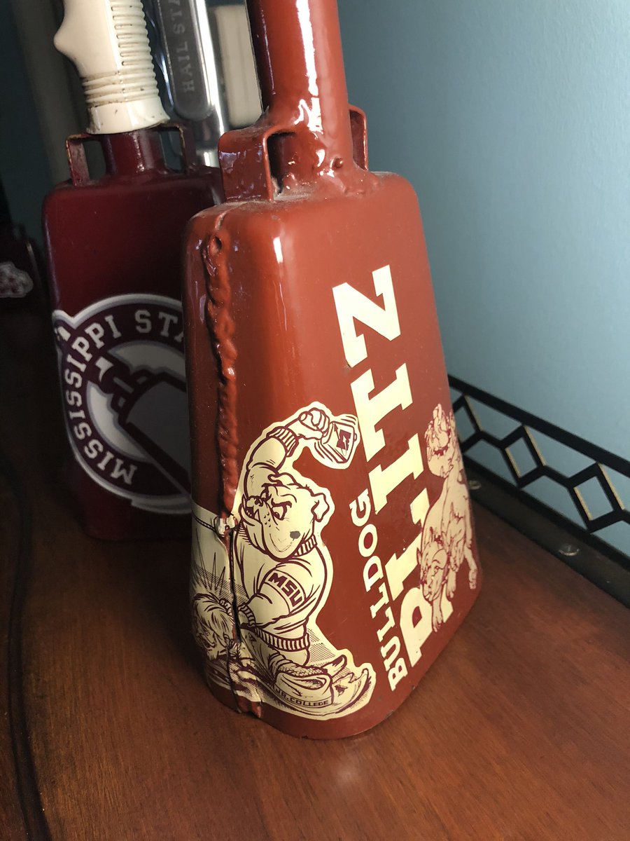 StevePDawg's tweet photo. My cowbell from college has Bully using the Flying M bell appropriately. @MSUhistory @HailStateFB #HailState https://t.co/nBN7zoGOCY