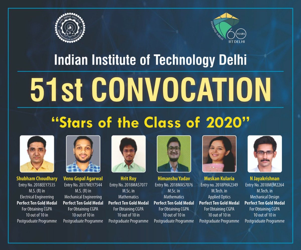 iitdelhi's tweet photo. #IITDelhi's #51stConvocation
Congratulations to the recipients of the President's Gold Medal, Director's Gold Medal, Dr Shankar Dayal Sharma (former President of India) Gold Medal, Perfect 10 Gold Medal and Institute Silver Medal. https://t.co/wxuVVnA36z