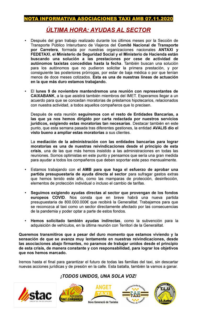sindicatdeltaxi's tweet photo. #INFOSTAC NOTA INFORMATIVA ASSOCIACIONS #TAXIAMB 7.11.20 #ÚLTIMAHORA AJUDES AL SECTOR 
Treball constant i responsable, persistirem fins al final per garantir el futur de les famílies del taxi #StacEnLluita #TaxiEnLucha 💪🏼⬇️
https://t.co/9IdFsefY0K https://t.co/LETFvmeMAa