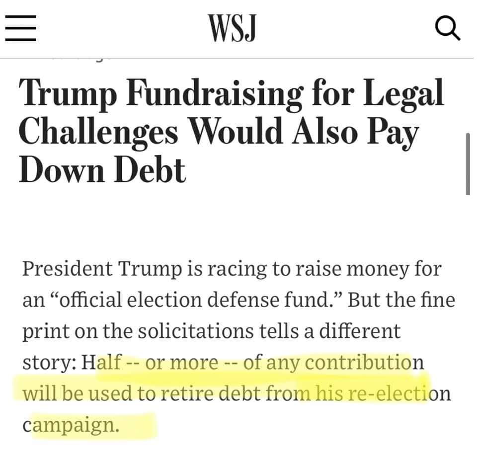 Josh Jordan on Twitter: "The Trump campaign is using the 'election defense  fund' as a way to grift supporters out of their hard earned money so the  Trump team can... pay off