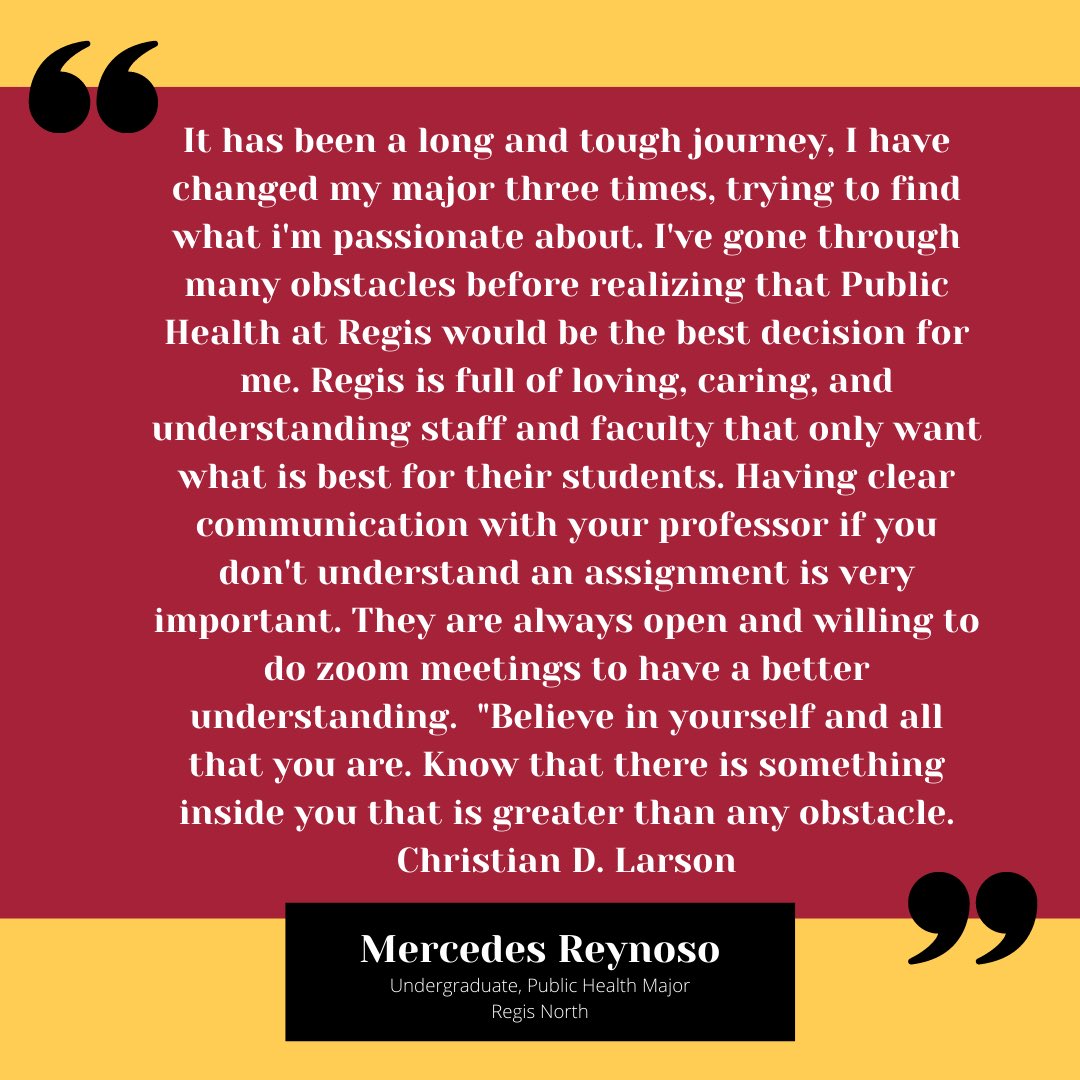 RegisInclusion's tweet image. Mercedes shares her experience with having to try a few areas of study before finding the one she was passionate about. Who can relate? I know I can. #firstgenpride #firstgenatregis
