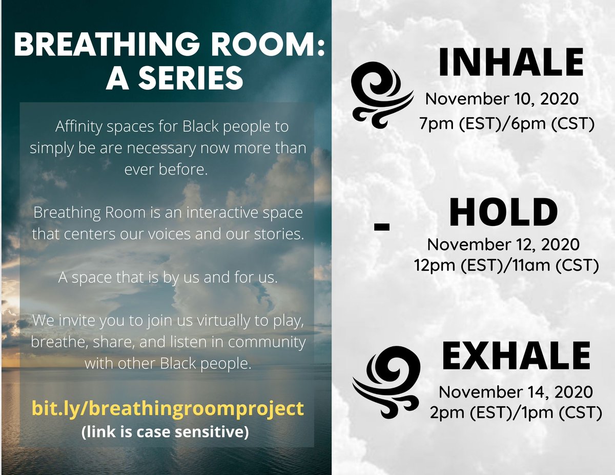 MaryCParker's tweet photo. #BreathingRoomASeries an #affinityspace for #blackpeople to #connect through the #healing power of #theatre &amp; #creativity. Facilitated by 5 #BlackWomen #AppliedTheatre Practitioners. #Blackfolx, FREE for you. Register:
https://t.co/bPVRyB00GT Donate HERE: https://t.co/YzgxLTA5PQ https://t.co/u9wD4JpgNF