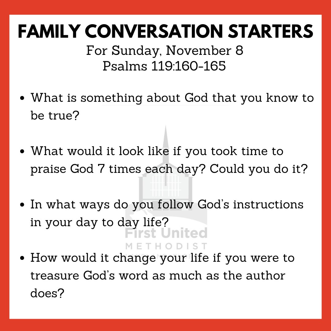 1stLKLD's tweet photo. What is something about God you know to be true?

Here are this week's conversation starters. Enjoy the Sunday service and then allow these simple prompts to spark meaningful conversations throughout the week. 

These also can be used with friends or for individual reflection! https://t.co/bjevdy6xdQ