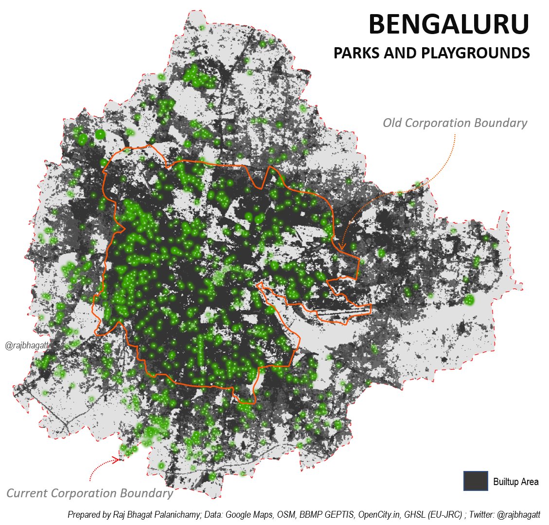  #30DayMapChallenge Map 7: Green #Map shows locations of ~1400 parks & playgrounds in  #Bengaluru using GMaps, OSM, BBMP lists etc shown with backdrop of builtup area. Most of the well maintained parks are within old corp. Lakes, Private spaces fulfill the requirements outside