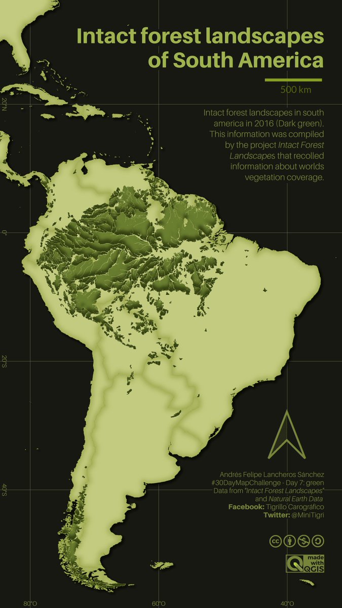 MiniTigri's tweet photo. #30DayMapChallenge Day 7 - Green. (Eng/Esp) Intact forest landscapes of South America. #Qgis https://t.co/MLN7WWFW98