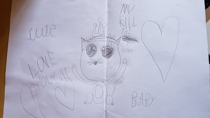 Acabei de receber da minha sobrinha de 6 anos. Adorei que está aprendendo inglês, a desenhar e avisar para não matar o gato. 