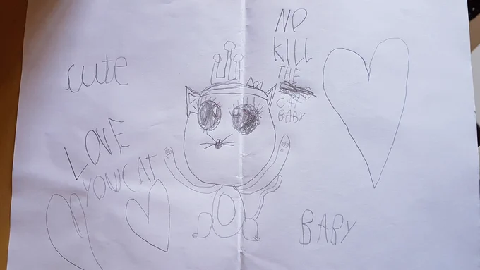 Acabei de receber da minha sobrinha de 6 anos. Adorei que está aprendendo inglês, a desenhar e avisar para não matar o gato. 