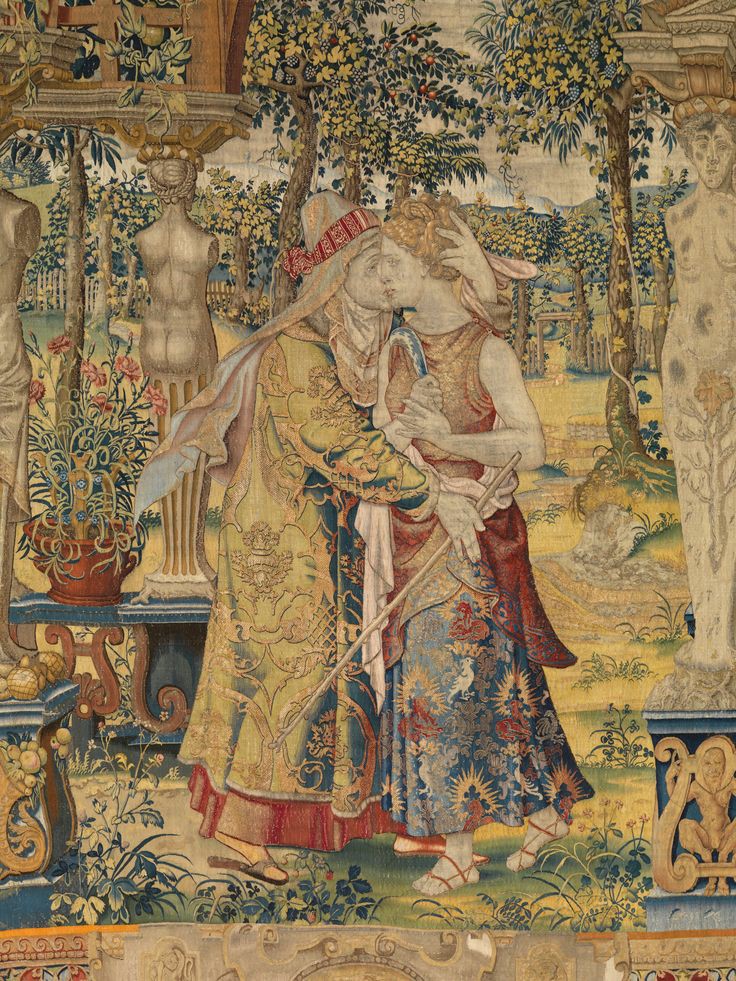 TapestryHistory's tweet photo. Detail of Vertumnus kissing Pomona, from the Story of Vertumnus and Pomona series by Pieter Coecke van Aelst (Netherland, 1502–1550).

The #tapestries Coecke designed reached the greatest of Renaissance collectors: François 1st and Henry VIII, the Habsburgs, and the Medici. https://t.co/3d03DuvusB