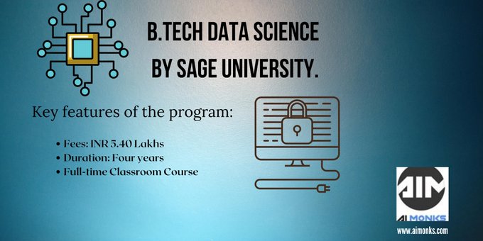 ai_monks's tweet photo. BTech #DataScience by @SAGE_INDORE is a full-time four-year program. In this program, #engineering students are taught the concepts of Data Science.
Read further- https://t.co/5UzmPP1wHL.
Want a course to be reviewed? DM us!
#CourseOfTheDay #DeepLearning #BTech #SAGE #AIMonks https://t.co/fH5Kt5L96N