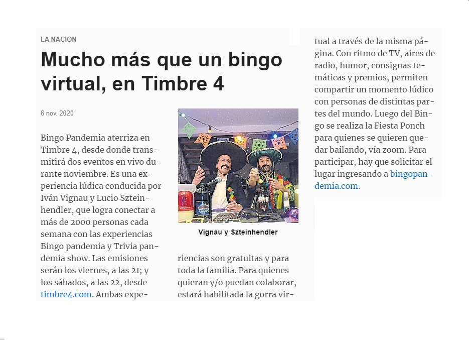 🎯 Hoy es sábado y hay Bingo pandemia en vivo desde <a href="/TeatroTimbre4/">Timbre4</a> ¡Lxs esperamos por zoom a las 22h! Hoy, noche teatral 🎭 Claro que sí! Recuerden reservar el lugar a través de nuestra web que está divina: bingopandemia.com 🙌💥